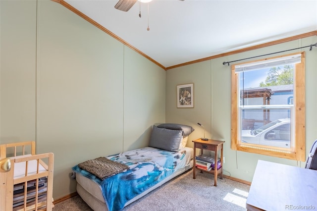 910 J St Unit D1, Salida, CO 81201 - carpeted bedroom with crown molding, baseboards, ceiling fan, and lofted ceiling