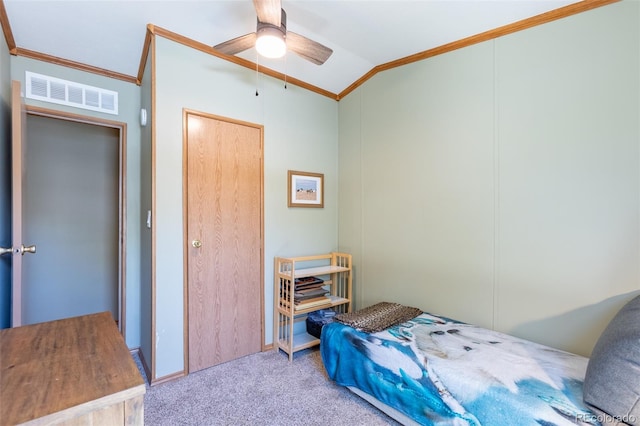 910 J St Unit D1, Salida, CO 81201 - bedroom with ornamental molding, carpet floors, vaulted ceiling, and ceiling fan