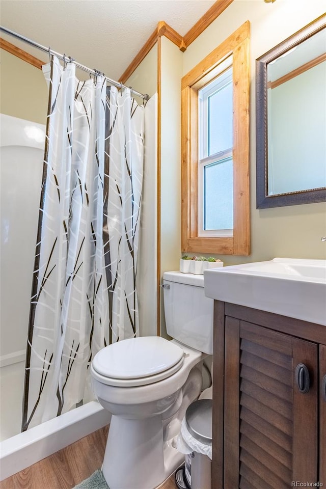 910 J St Unit D1, Salida, CO 81201 - bathroom with toilet, vanity, crown molding, wood finished floors, and curtained shower