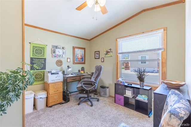 910 J St Unit D1, Salida, CO 81201 - carpeted office space with vaulted ceiling, ornamental molding, and a ceiling fan