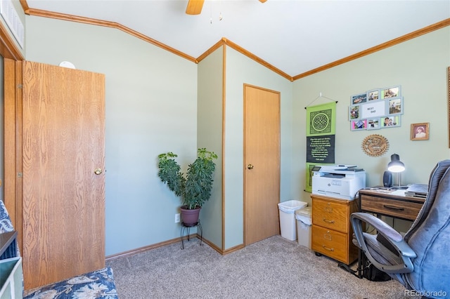 910 J St Unit D1, Salida, CO 81201 - office area featuring vaulted ceiling, carpet, ornamental molding, and ceiling fan