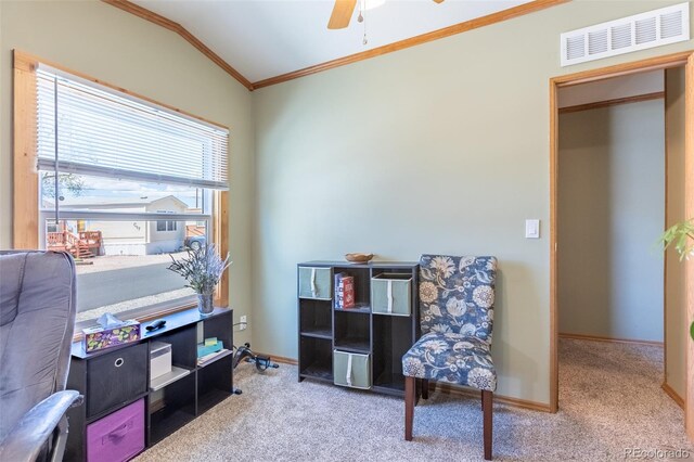 910 J St Unit D1, Salida, CO 81201 - office featuring crown molding, carpet flooring, a ceiling fan, baseboards, and vaulted ceiling