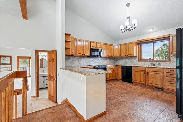 2100 Bibles Hill Dr, Franktown, CO 80116 - kitchen with black appliances, a sink, a chandelier, open shelves, and backsplash