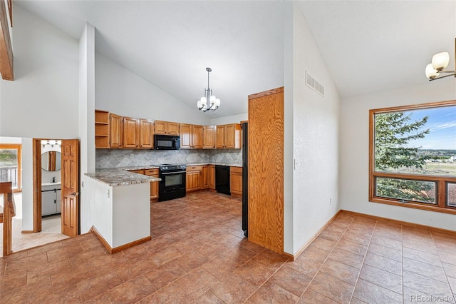2100 Bibles Hill Dr, Franktown, CO 80116 - kitchen featuring black appliances, a chandelier, plenty of natural light, decorative backsplash, and high vaulted ceiling