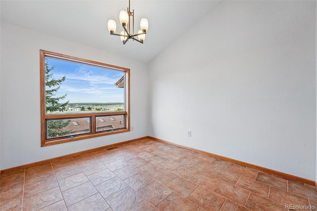 2100 Bibles Hill Dr, Franktown, CO 80116 - spare room featuring a chandelier, lofted ceiling, baseboards, and stone finish flooring