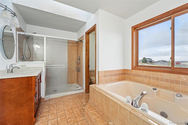 2100 Bibles Hill Dr, Franktown, CO 80116 - bathroom featuring a stall shower, a garden tub, vanity, toilet, and tile patterned flooring