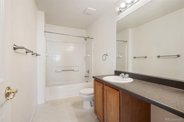 full bath featuring toilet, bathtub / shower combination, and vanity