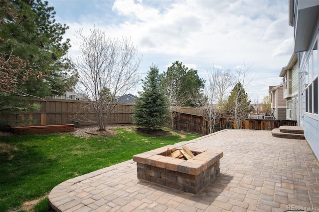 view of patio featuring a fire pit and a fenced backyard