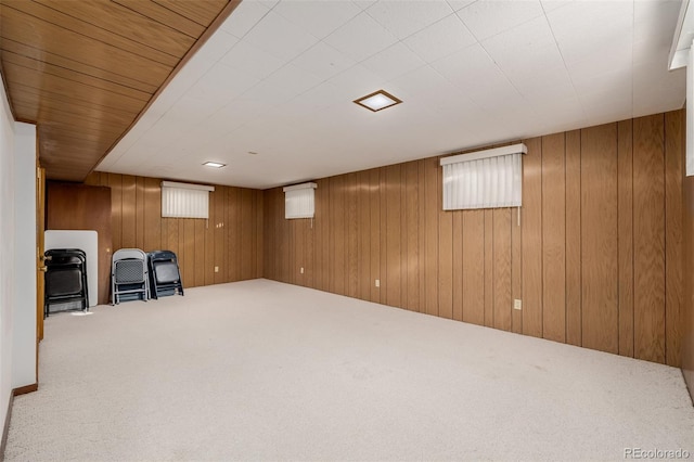 basement featuring wooden walls and carpet