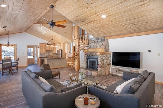 13 Paradise Rd, Crested Butte, CO 81225 - living room featuring wood ceiling, wood finished floors, ceiling fan, high vaulted ceiling, and recessed lighting