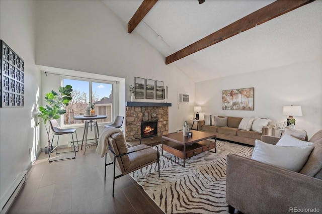 living area featuring a fireplace, baseboard heating, a baseboard heating unit, wood finished floors, and beamed ceiling