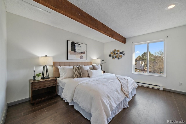 bedroom with dark wood-style floors, beam ceiling, a baseboard radiator, a textured ceiling, and baseboards