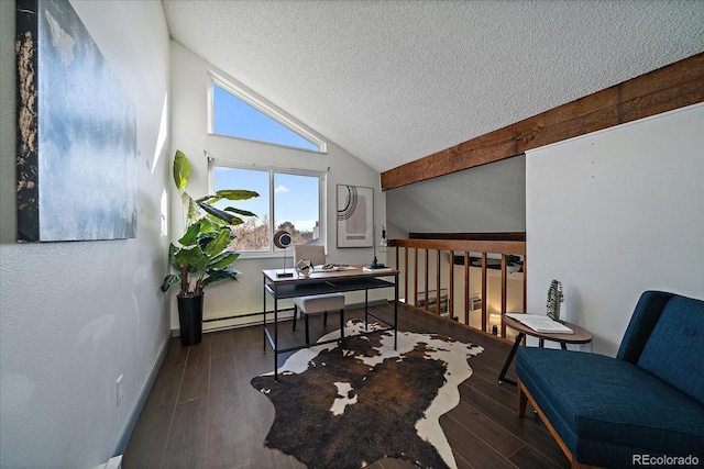 office space with baseboard heating, vaulted ceiling, a textured ceiling, wood finished floors, and baseboards