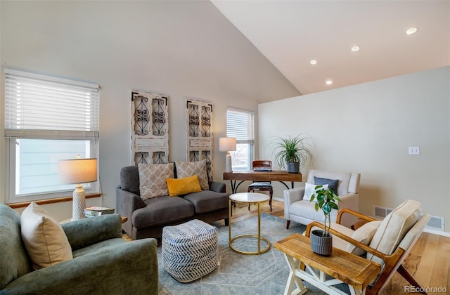 living room with wood-type flooring and high vaulted ceiling