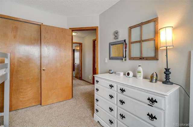 interior space featuring light carpet and a textured ceiling