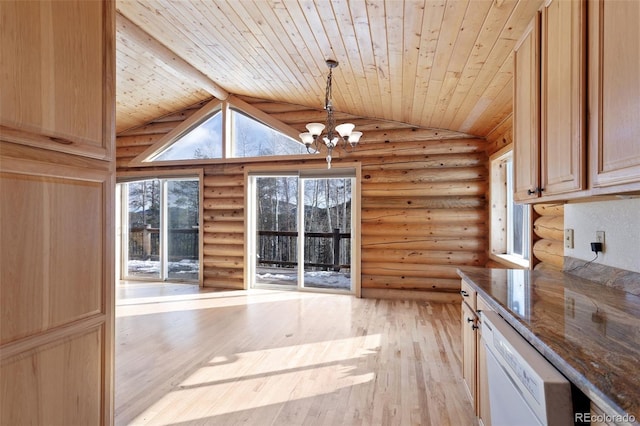 unfurnished dining area featuring wood ceiling, light wood-type flooring, rustic walls, and lofted ceiling