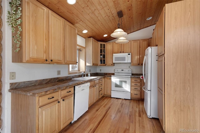 kitchen with white appliances, wood ceiling, sink, hanging light fixtures, and light hardwood / wood-style flooring