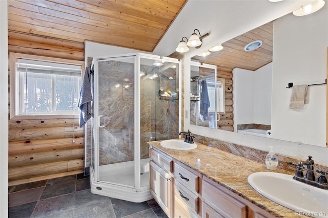 bathroom featuring a shower with door, wooden ceiling, rustic walls, and vaulted ceiling