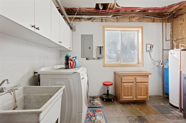 laundry area with water heater, washing machine and dryer, cabinets, sink, and electric panel