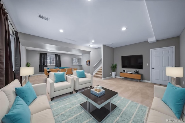 7720 S Queensburg Way, Aurora, CO 80016 - living area featuring stairway, light carpet, baseboards, billiards, and recessed lighting
