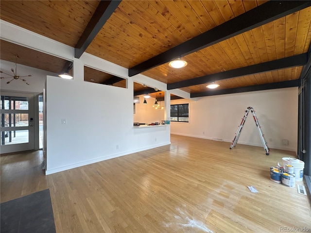 unfurnished living room featuring a ceiling fan, wood finished floors, wood ceiling, and baseboards