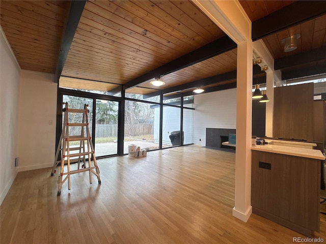 unfurnished sunroom featuring a fireplace with flush hearth, wood ceiling, and beam ceiling