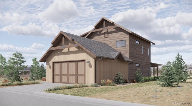 exterior space featuring a garage, driveway, a shingled roof, and an outdoor structure