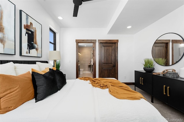 carpeted bedroom featuring recessed lighting, ceiling fan, and ensuite bathroom