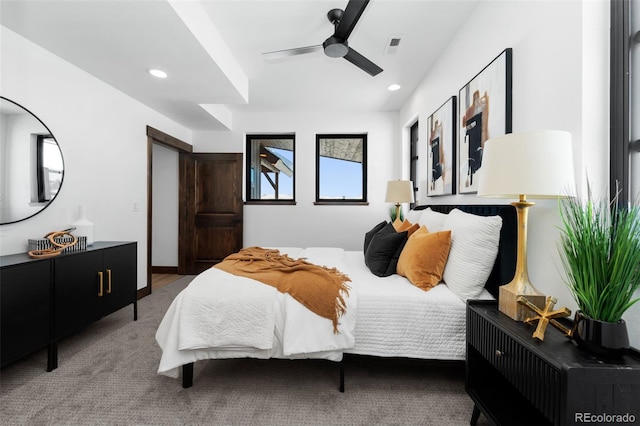 bedroom featuring carpet flooring, recessed lighting, visible vents, and ceiling fan