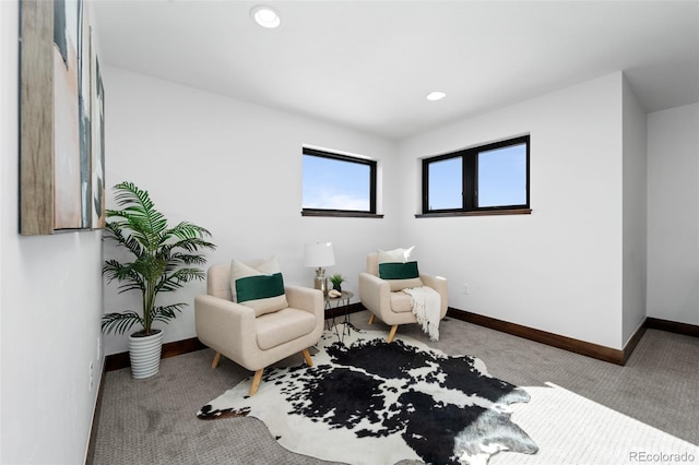 sitting room featuring recessed lighting, baseboards, and carpet floors