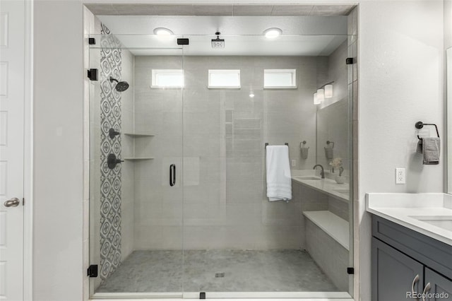 full bath with a shower stall, a wealth of natural light, and vanity