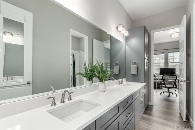 full bathroom with double vanity, wood finished floors, and a sink