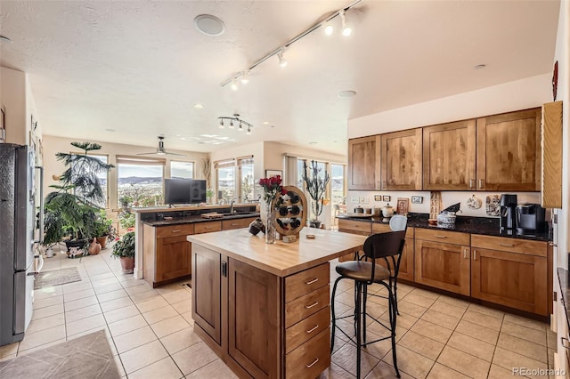 8611 Coachlight Way, Littleton, CO 80125 - kitchen with freestanding refrigerator, butcher block countertops, light tile patterned floors, rail lighting, and a sink