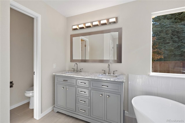 bathroom with a washtub, vanity, and toilet