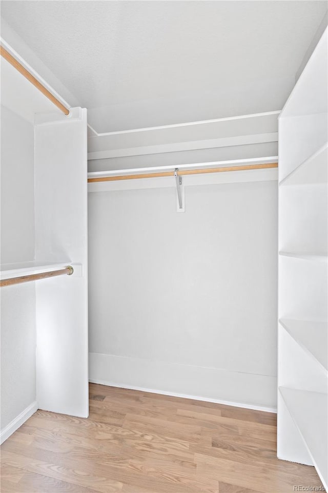 walk in closet with light hardwood / wood-style flooring