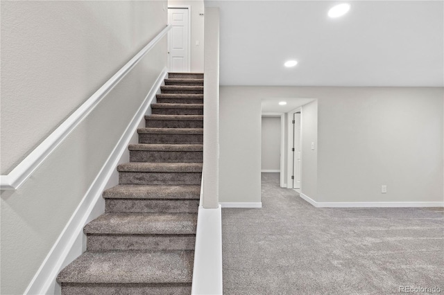 staircase featuring carpet floors