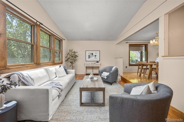 9025 Jellison Ct, Broomfield, CO 80021 - living area with a chandelier, wood finished floors, vaulted ceiling, and a textured ceiling
