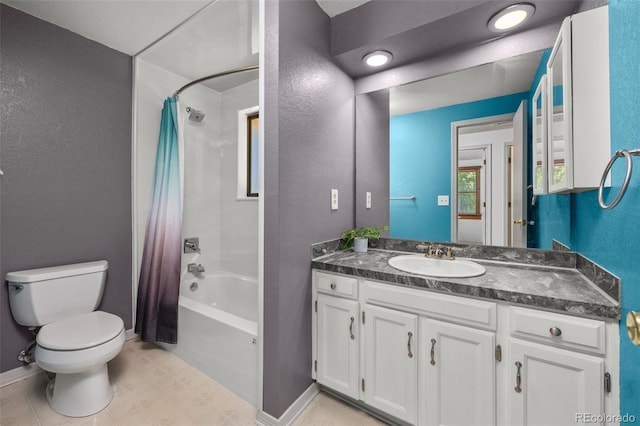 9025 Jellison Ct, Broomfield, CO 80021 - bathroom with shower / tub combo with curtain, vanity, a textured wall, and tile patterned flooring