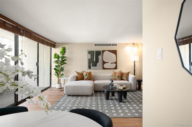 living area featuring visible vents and wood finished floors