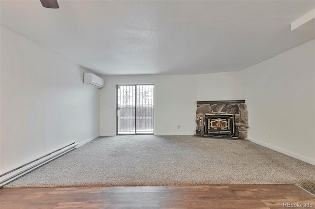 unfurnished living room featuring an AC wall unit, ceiling fan, carpet flooring, and a baseboard radiator