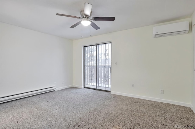 carpeted spare room featuring a wall unit AC, baseboard heating, and ceiling fan