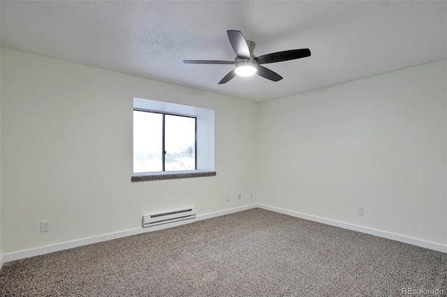 unfurnished room featuring carpet flooring, ceiling fan, and a baseboard heating unit