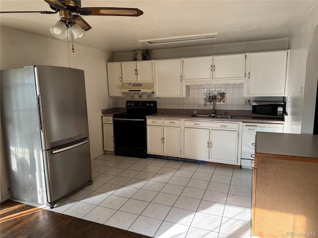 kitchen with white cabinetry, sink, ceiling fan, and stainless steel appliances