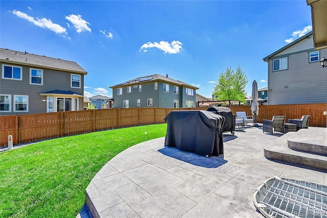7888 E 139th Pl, Brighton, CO 80602 - fenced backyard with a patio, an outdoor living space, a residential view, and area for grilling