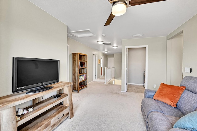 7888 E 139th Pl, Brighton, CO 80602 - living area with attic access, light carpet, and ceiling fan