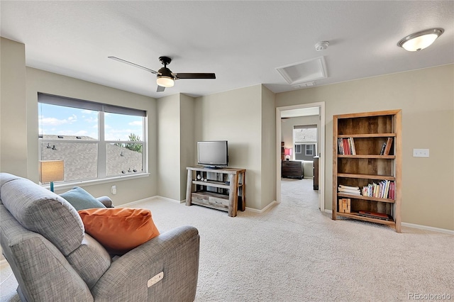 7888 E 139th Pl, Brighton, CO 80602 - living room with attic access, carpet, and a ceiling fan