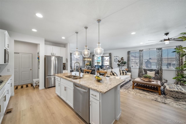 kitchen with light wood-style flooring, a healthy amount of sunlight, stainless steel appliances, and a sink