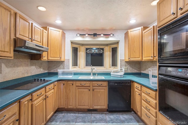 968 Terrace Cir, Colorado Springs, CO 80904 - kitchen featuring under cabinet range hood, a sink, black appliances, and decorative backsplash