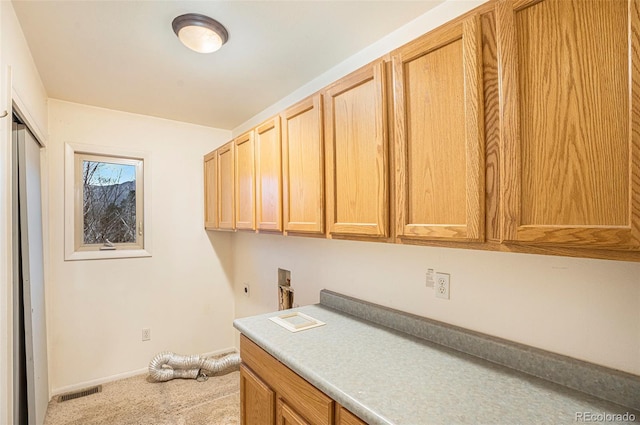 968 Terrace Cir, Colorado Springs, CO 80904 - washroom with carpet floors, hookup for an electric dryer, baseboards, visible vents, and cabinet space