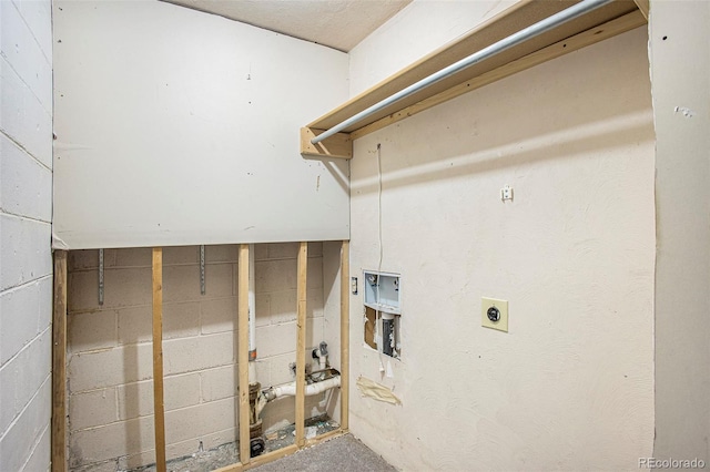 968 Terrace Cir, Colorado Springs, CO 80904 - washroom with concrete block wall, laundry area, hookup for an electric dryer, and hookup for a washing machine